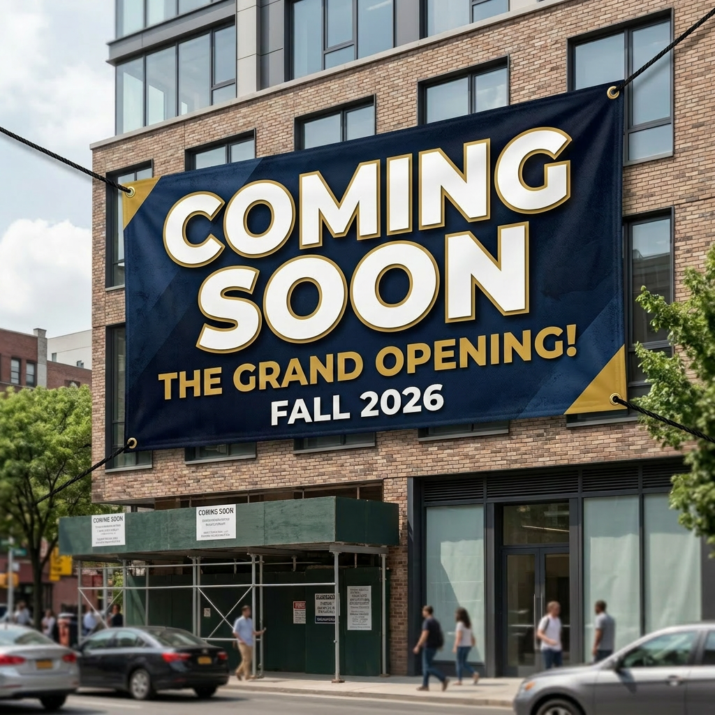 Banner reading 'COMING SOON THE GRAND OPENING! WINTER 2024' on building exterior
